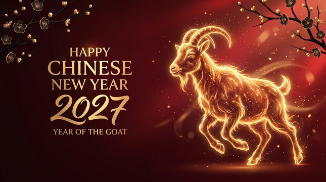 Chinese New Year 2027 Celebration with Glowing Golden Goat and Festive Red Background