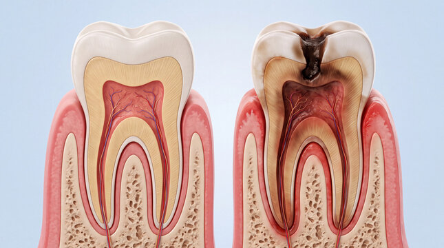 Healthy tooth cross section unhealthy tooth with cavity dental caries tooth decay enamel dentin pulp gum root oral health anatomy medical illustration