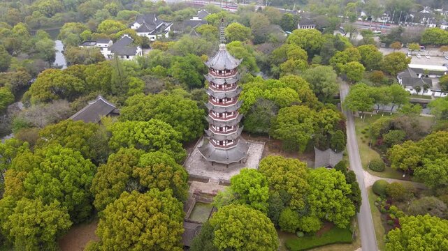 Aerial View of Chinese Pagoda in Lush Garden in Suzhou, China