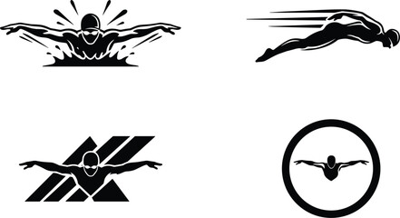 Fototapeta premium Swimmer Athlete and Water Sports Silhouette Emblem Collection for Swimming Pools, Championship Logos, Athletic Branding, Fitness Centers, and Aquatic Training Graphics