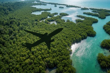 Naklejka premium Aerial view shows airplane shadow flying over green mangrove forest, coastal wetlands. Commercial jet travels above tropical lagoon with turquoise ocean water. Sustainable aviation concept using eco