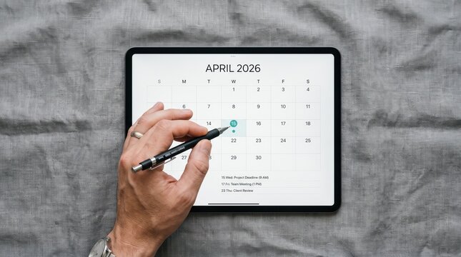 Top down view of male hand using digital stylus pen to select date on tablet screen displaying April 2026 calendar application, representing effective time management