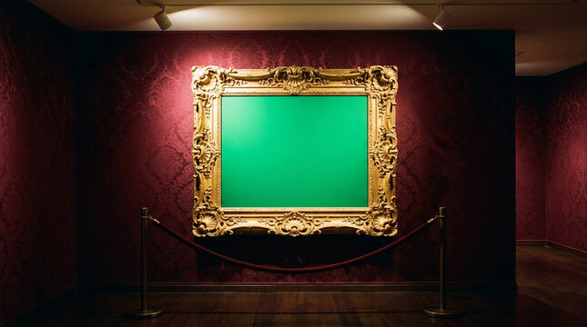 Ornate gilded antique frame with green screen on damask wallpaper gold