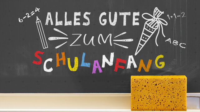 Schule, Einschulung, Schulstart, Schulbeginn, Konzept Gru&szlig;karte - Alles Gute zum Schulanfang - Schultafel Kreidetafel mit deutschem Text und Symbolen