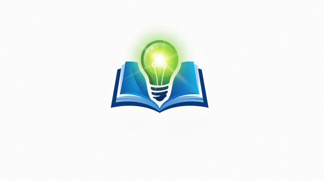 Creative logo design with open book, glowing green light bulb. Symbol of education, innovation, bright ideas for learning. Concept for school, university online course brand. Minimalist graphic icon
