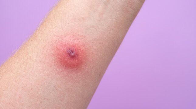 Insect bite or inflamed skin lesion with central scab and redness on arm skin