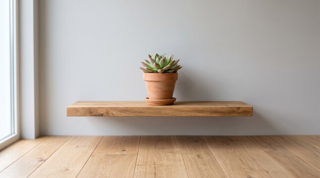 Minimalist interior design scene featuring small green succulent plant in terracotta pot sitting on floating wooden shelf against white wall, representing home decor