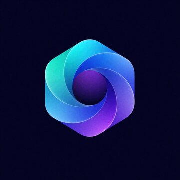 Abstract hexagonal shape with swirling gradient colors in blue and purple. Modern logo concept for tech or science business, clean graphic design element on dark background.