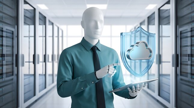 Mannequin IT analyst interacting with digital cybersecurity firewall shield