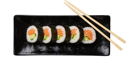 Six salmon and cucumber sushi rolls on black plate with chopsticks, isolated on transparent background © Mihai