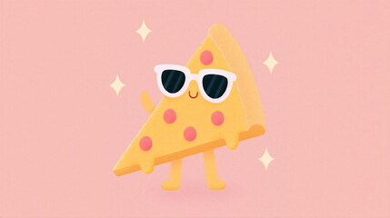 Fototapeta premium Cute pizza slice character wearing sunglasses with happy expression on pink background