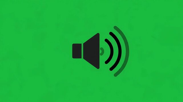Black speaker icon broadcasting sound waves on vibrant green screen background