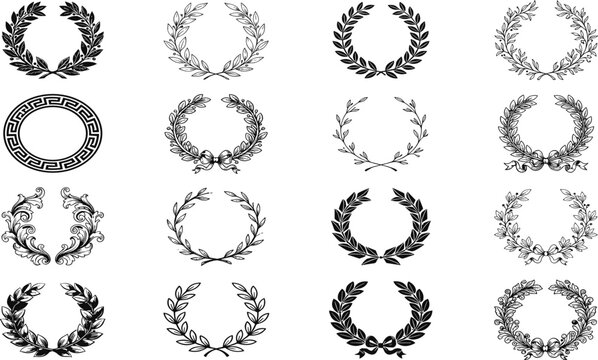 Elegant botanical laurel wreath collection with various leaf styles, ornamental frames, victory symbols, and decorative circular borders