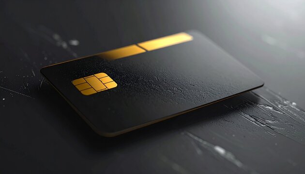 Blank Black Gold Credit Card with Chip on Dark Background Finance Payment Concept