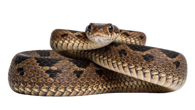 Brown patterned snake coiled, isolated on transparent background