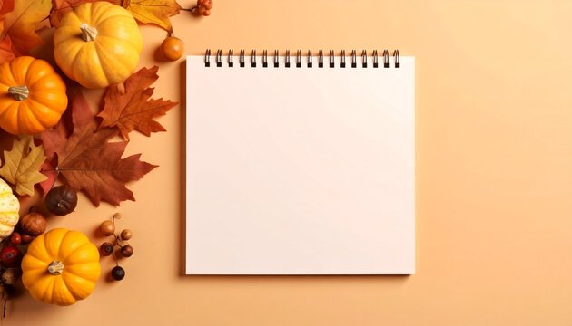 Autumn Thanksgiving Flatlay with Blank Spiral Notebook and Pumpkins Copy Space Concept