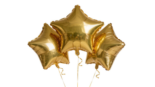Three shiny golden star-shaped foil balloons with ribbons, isolated on transparent background