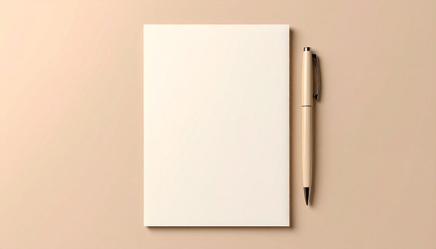 Blank white notepad and beige ballpoint pen on warm beige background stationery concept