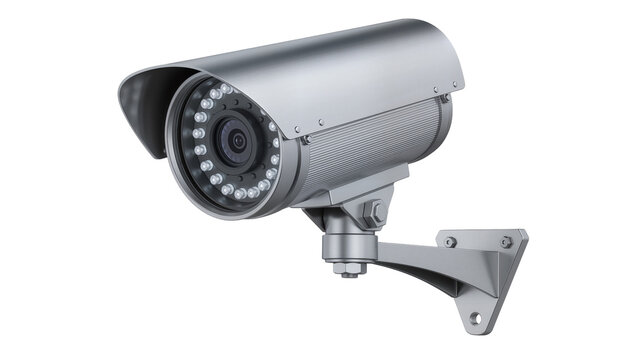 Silver surveillance camera with infrared LEDs mounted on bracket, isolated on transparent background