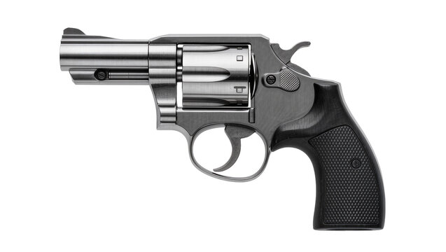 Shiny metallic revolver handgun with black textured grip, isolated on transparent background