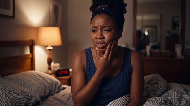Woman pain toothache bedroom night discomfort hand face adult sad lamp home. woman sits on bed at night holding her cheek in pain showing discomfort from toothache in dimly lit bedroom