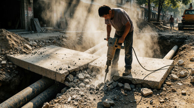 Construction worker uses heavy jackhammer to break concrete pavement on urban street. Dust rises from ground during excavation work near large pipes. Manual labor professional performs demolition