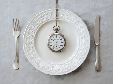Vintage pocket watch on a decorative white dinner plate with fork and knife set