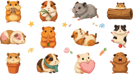 Fototapeta premium Cute Small Pet Animal Vector Collection Featuring Hamster and Guinea Pig Characters in Various Funny Poses for Sticker Labels Kids Book Illustration and Pattern Graphic Designs