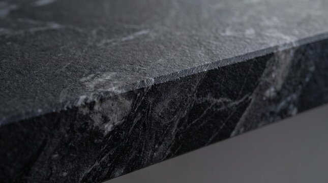 Close-up of a dark marbled stone surface, revealing elegant natural veining and a textured rough edge. High-quality material for design