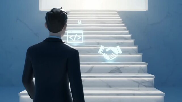 Businessman walking up glowing white marble stairs with financial chart graphics