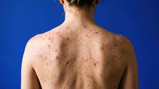 Rear view of young woman back covered with severe papular acne and red blemishes