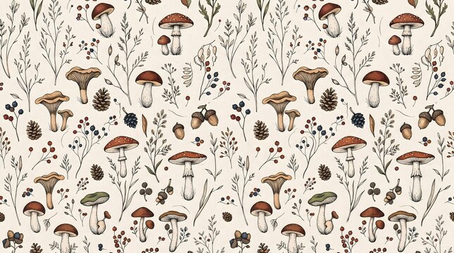 Early Autumn Woodland Elements Seamless Vector Pattern