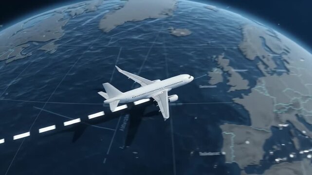 Commercial airplane flying over stylized globe with digital navigation route