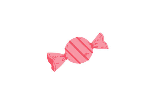 A cute hand-drawn vector illustration depicts a round pink hard candy wrapped in twist-tied paper featuring subtle stripe details