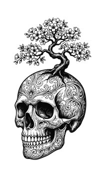 Human skull with tree growing from top, intricate ornamental patterns. Vintage engraving style. Death and nature concept. Tattoo design element.