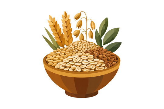 A detailed flat vector illustration showcases a wooden bowl filled with an assortment of whole grains, seeds, and rolled oats