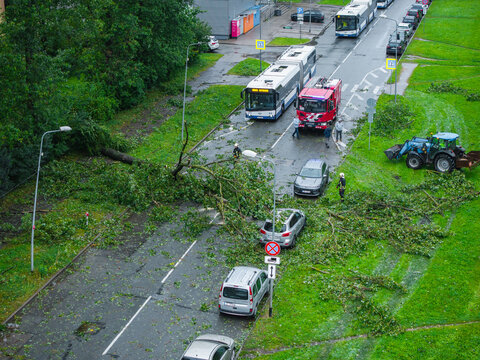 Riga, Latvia - 23 August 2026: Aerial view of emergency services clearing a fallen tree from a street after Storm Priska, with a fire truck, tractor, and damaged cars.