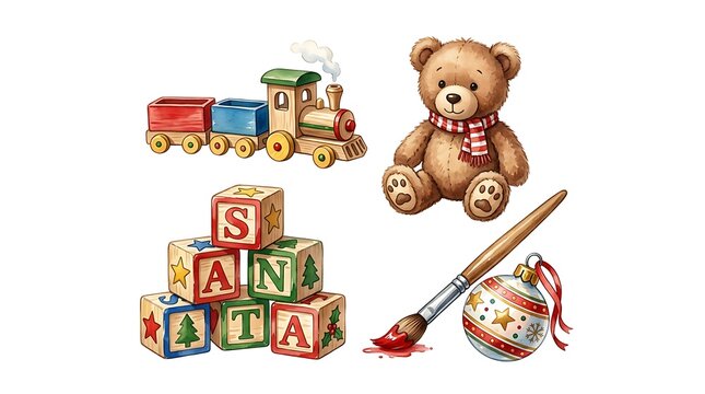 Vintage christmas toys including a wooden train, teddy bear, alphabet blocks, and a festive ornament