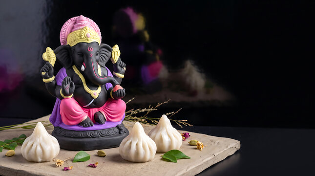 Handcrafted clay Lord Ganesha idol with vibrant pink and purple accents, displayed alongside three fresh Ukadiche Modaks on a natural surface for Ganesh Chaturthi celebration and festive offering.