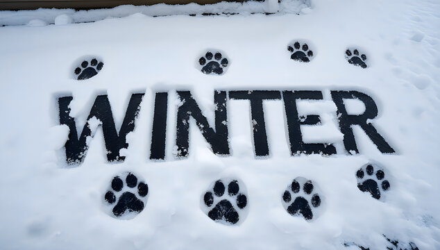 Winter word written in fresh snow with animal paw prints surrounding the text.