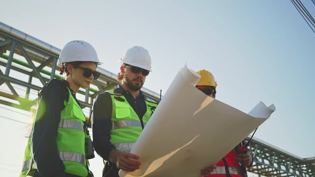 Industrial engineers inspecting an oil and gas refinery, reviewing plant operations and discussing maintenance, safety and energy infrastructure, refinery plant industry factory, Petrochemical plant.
