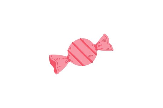 A cute hand-drawn vector illustration depicts a round pink hard candy wrapped in twist-tied paper featuring subtle stripe details