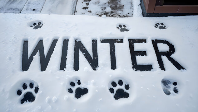 Winter word written in fresh snow with animal paw prints on a cold seasonal background