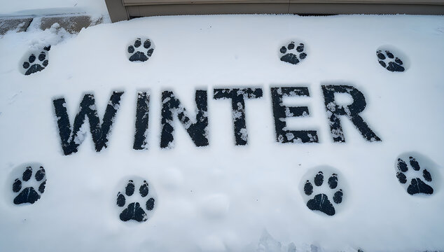 Winter text written in fresh snow with animal paw prints surrounding the letters
