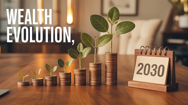 Financial growth concept with rising coins, growing plant and 2030 calendar representing wealth evolution