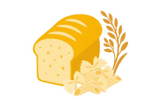 A warm flat vector illustration features a golden loaf of sliced bread surrounded by uncooked farfalle and penne pasta