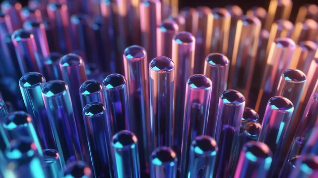 Glass cylinders with glowing neon illumination create an abstract futuristic concept of fiber optic data transmission and digital technology network.