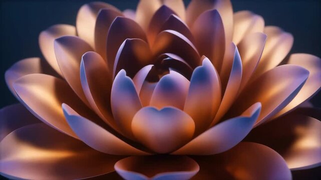 Lotus flower sculpture crafted with metallic bronze and rose gold petals opens gracefully under soft moody studio lighting.