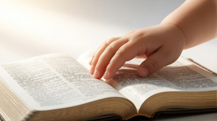 Fototapeta premium Baby hand touches open Bible. Child learns scripture, exploring faith, spirituality. Gentle light illuminates holy book, symbolizing innocence, divine connection. Moment of early spiritual discovery.