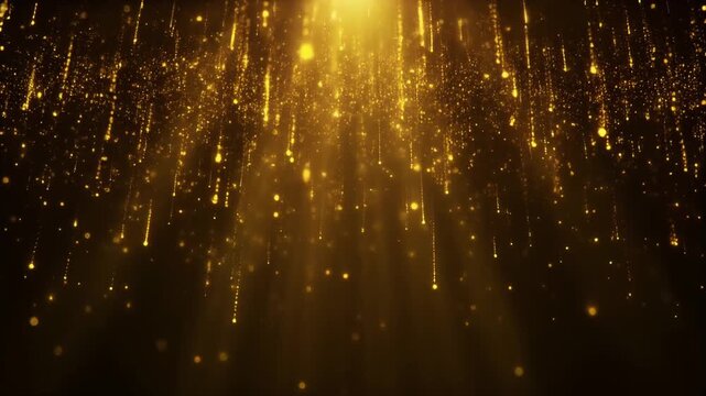 Golden falling particles background with sparkling glitter dust and glowing light rays for celebration